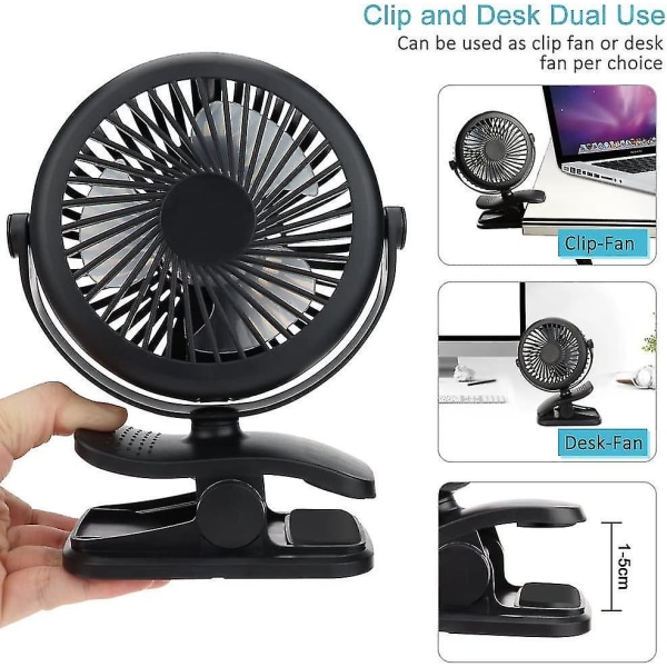 Mini Usb Fan, Silent Clip Table Fan With Rechargeable Battery, 3 Speed Levels, 360 Rotatable Adjusta