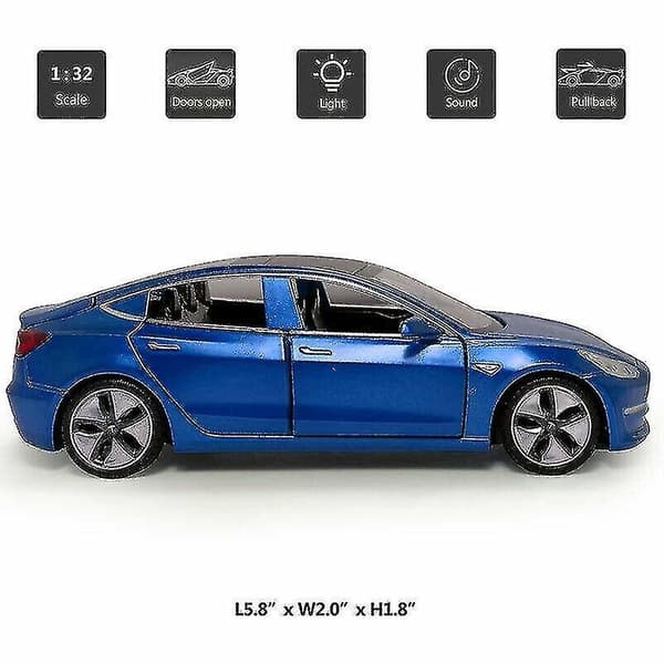 1:32 Tesla Model3 Legeringsmodell Med Lys- og Lydeffekt Tilbaketrekkingsbilmodell blue