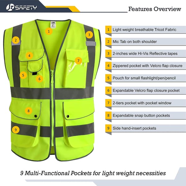 9 Pockets Class 2 High Visibility Zipper Front Safety Vest With Reflective Strips, Yellow Meets Ansi/isea Standards XXL