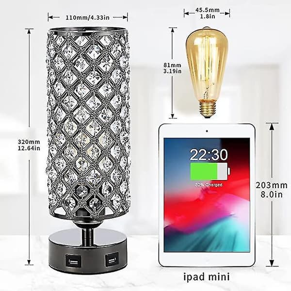 Crystal Lamp Table Lamp With Usb Ports 3 Way Dimmable Light Bedside Lamp Small Touch Light Black