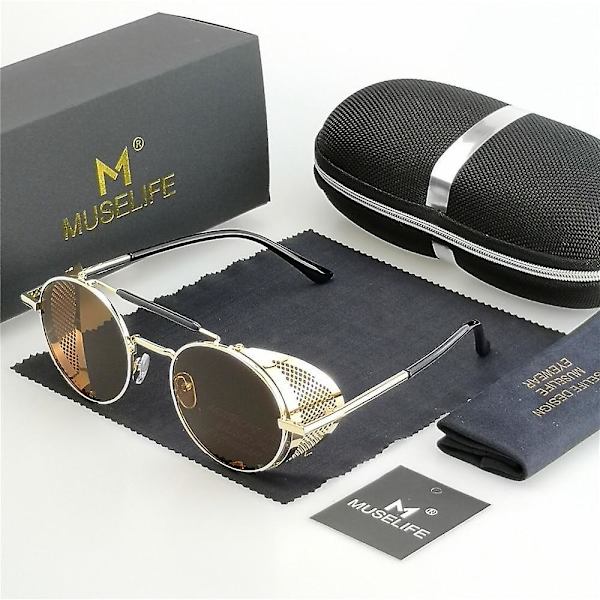 Retro Round Metal Sunglasses, Steampunk Men, Women, Glasses Uv Protection Golden-Tea