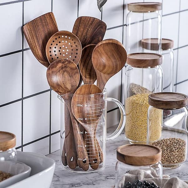 7pcs/set Teak Natural Wood Tableware Spoon Ladle Turner Rice