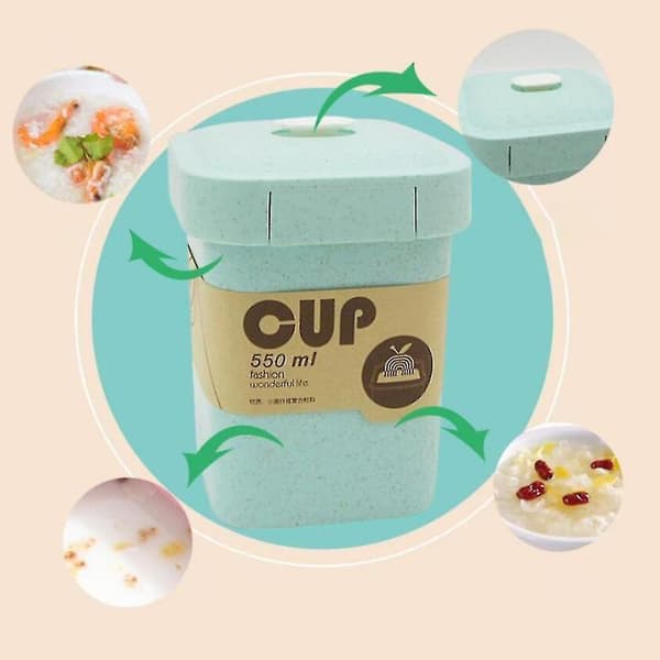 550ml Plastic Straw Square Breakfast Porridge Sealed Soup Cup Container Lunch Box Green