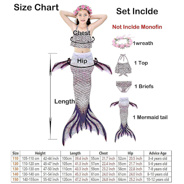 Kids Girls Mermaid Tail Bikini Set Swimwear Swimsuit Swimming Costume Included Garland Headband Color 6 12-13Years