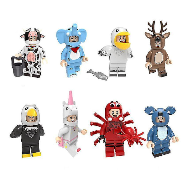 8 stk. Dyr Pumping, Køer, Elefanter, Pelikan, Elg, Koala, Edderkopper, Byggeklodser, Minifigurer
