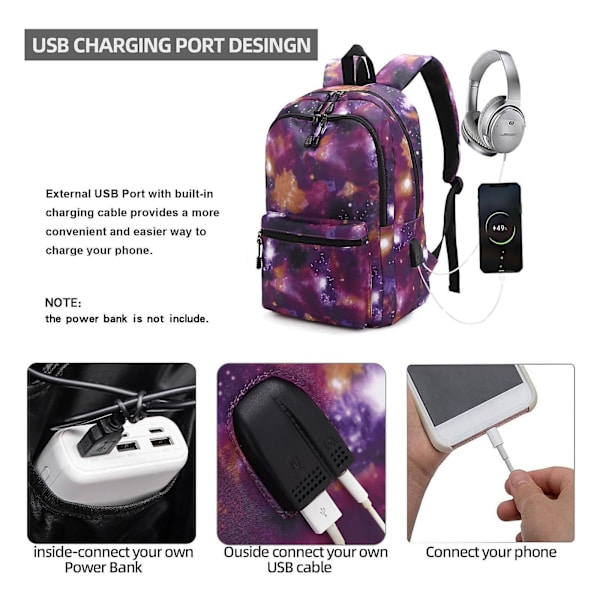 Galaxy-reppu kouluun, yliopistoon, kannettavalle tietokoneelle, USB-latausportilla, teineille Blue