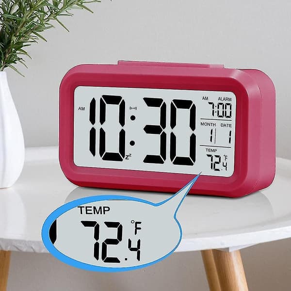 Smart Night Light Digital Alarm Clock With Indoor Temperature, Battery Operated Desk Small Clock Rose Red