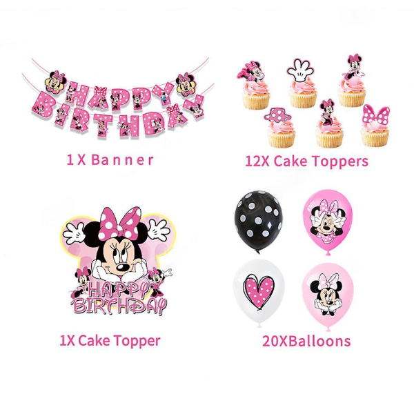 Minnie Mouse Theme Kids Girl Happy Birthday Banner Balloons Cake Topper Set Party Supplies
