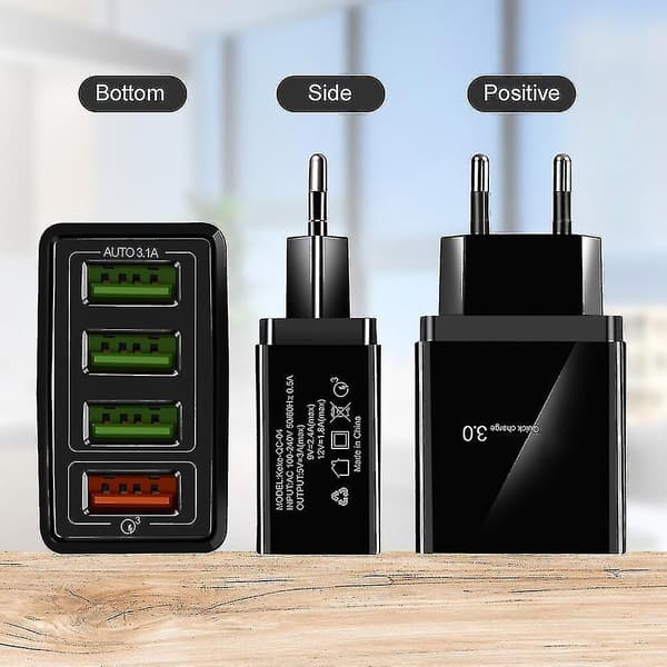 Bærbar Quick Charge 3.0 4-usb porte 3.1a Rejse Smart Adapter Telefonoplader Black EU Plug