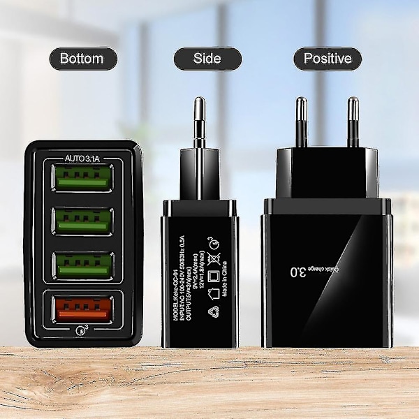 Bærbar Quick Charge 3.0 4-usb-porter 3.1a Reise Smart Adapter Telefonlader Black EU Plug