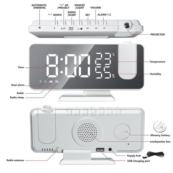 Led Digital Alarm Clock Watch Table Electronic Desktop Clocks Usb Wake Up Fm Radio Time Projector Snooze Function 2 Alarm