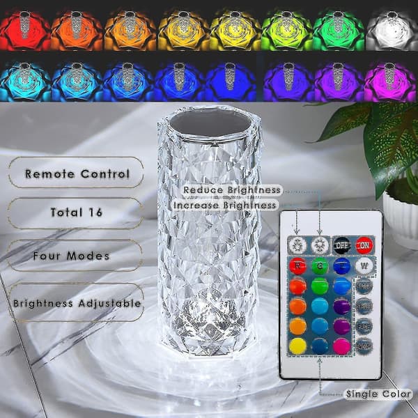 Crystal Diamond Table Lamp, 16 Colors Usb Charging Touch Lamp Bedside Night Light With Remote Control