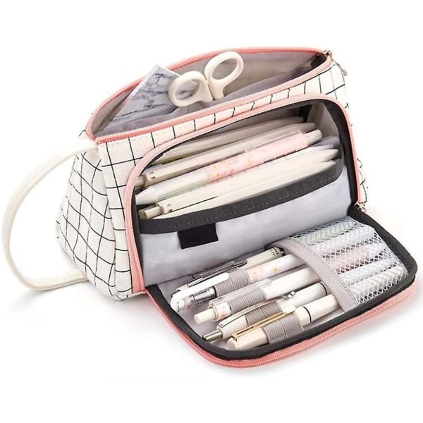 Pencil Case Large Capacity Pencil Pouch Makeup Canvas Stationery Bag With Zipper (black Plaid, 20x11x10cm)