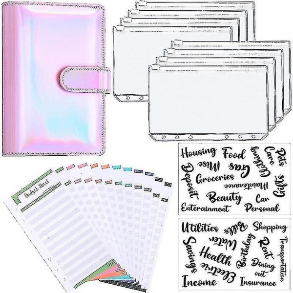 A6 Binder Budget Notebook Cover Folder Size 6 Hole Pocket Plastic Zipper Money Saving Envelope Diary Pink Laser
