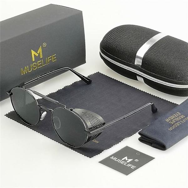 Retro Pyöreät Metalliset Aurinkolasit, Steampunk Miehet, Naiset, Lasit UV-Suoja Black-Black