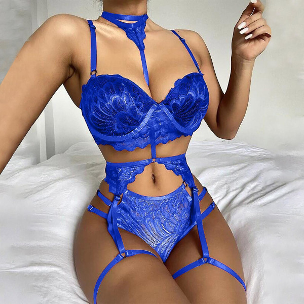 Naisten seksikäs yksivärinen Bralette-pikkuhousut Olkaimellinen pitsikirjailtu alusvaatesetti Blue M