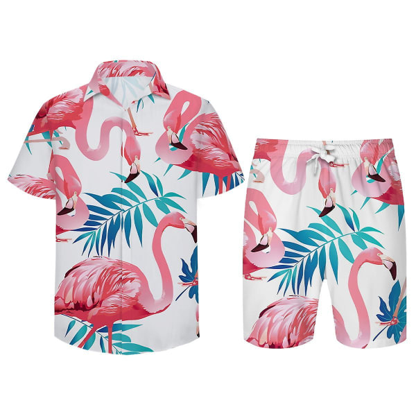 Allthemen Herre pink Flamingo Print Strandshorts Kortærmet Strandskjorte 2 stk. L