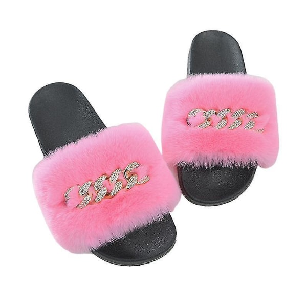 Women's Fluffy Faux Fur Slippers Comfy Open Toe Slides With Fle PINK 37