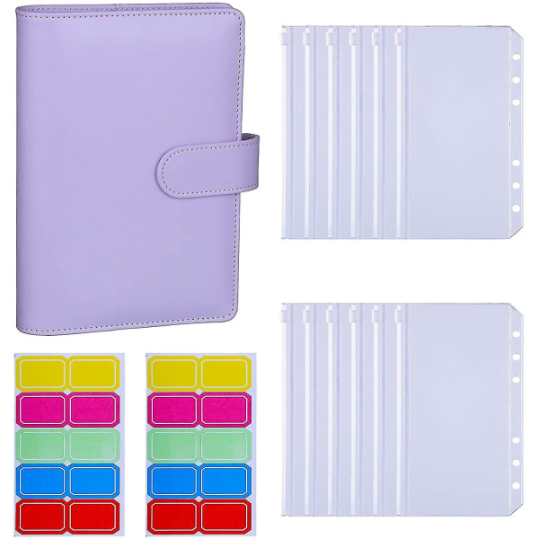 12pcs A6 Binder Pockets Loose Leaf Bags 6 Ring Binder Cash Budget Envelopes System, A6 Pu Leather Binder Set Purple