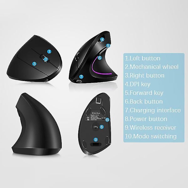 Ergonomisk Vertikal Mus 2.4g USB Trådløs Gaming Mus Datamus Med Lys