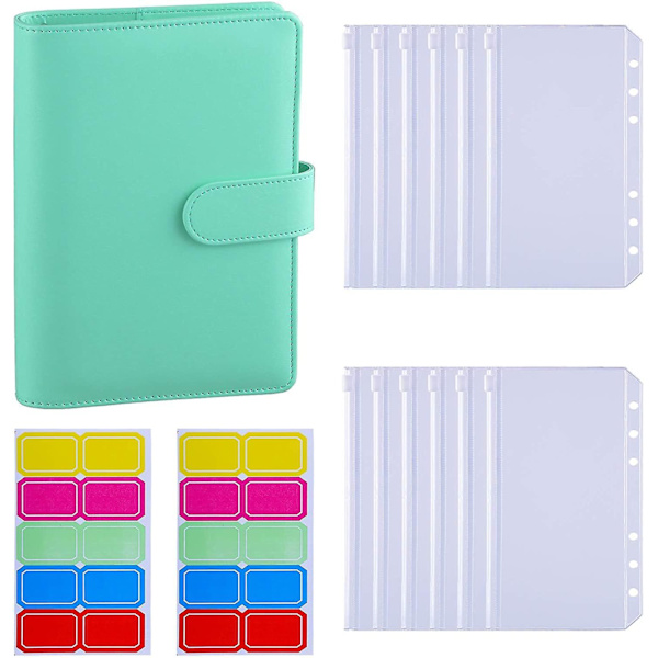 12 stk. A6 Binder Lommer Løse Ark Poser 6 Ring Binder Kontant Budget Kuverter System, A6 Pu Læder Binder Sæt Green
