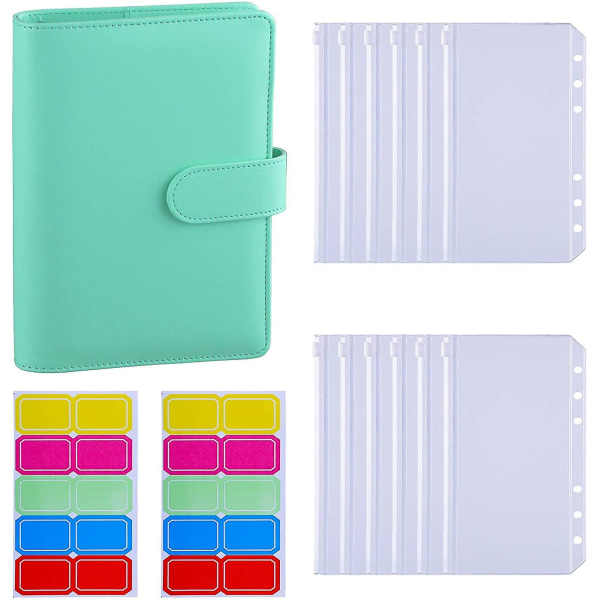 12pcs A6 Binder Pockets Loose Leaf Bags 6 Ring Binder Cash Budget Envelopes System, A6 Pu Leather Binder Set Green