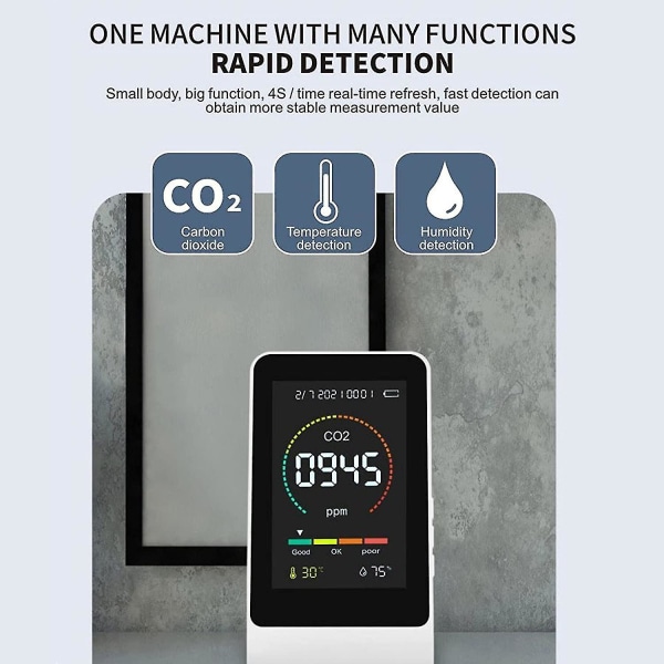Co2 Måler Indendørs Luftkvalitetsmonitor, 3 I 1 Smart Co2 Detektor, Temperatur- og Relativ Luftfugtighedsdetektor, Co2 Sensor Til Soveværelse Bil Kontor