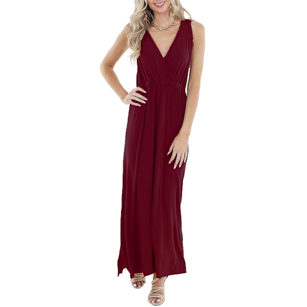 Ladies Sleeveless Deep V-neck Loose Solid Color Long Casual Backless Dress Wine Red M