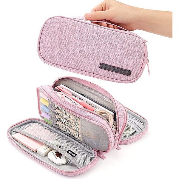 Pencil Case Big Capacity Handheld 3 Compartments Pencil Pouch Portable Large Storage Canvas Pencil Bag For Students Business Office(pink)
