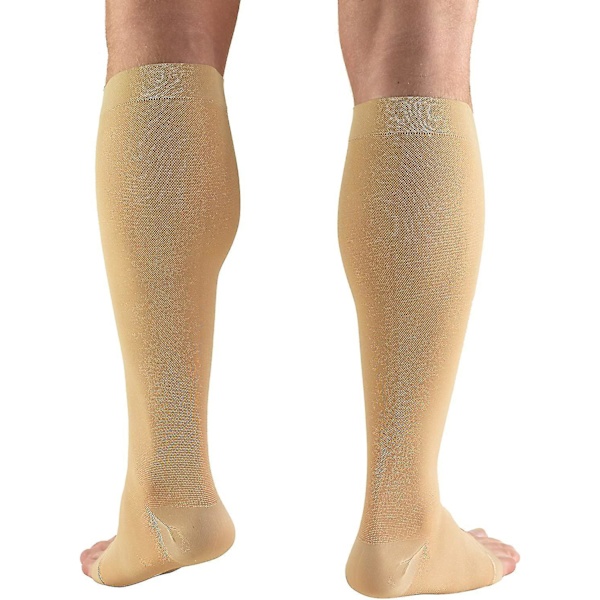 30-40 mmHg Kompressionsstrømper til mænd og kvinder, knæhøj længde, åben tå, beige, 2x-large