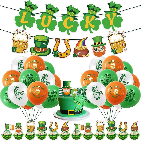 St. Patrick's Day 30pcs Balloons Banner Pull Flag Cake Insert Set Irish Beer Festival Party Decorations