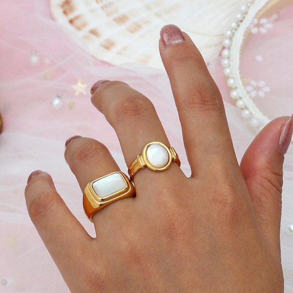 2022 New Mother Of Pearl Natural Stone Ring Stainless Steel Pvd Gold Plated Rings For Women White Opal Ring Tarnish Free Ring Square 6