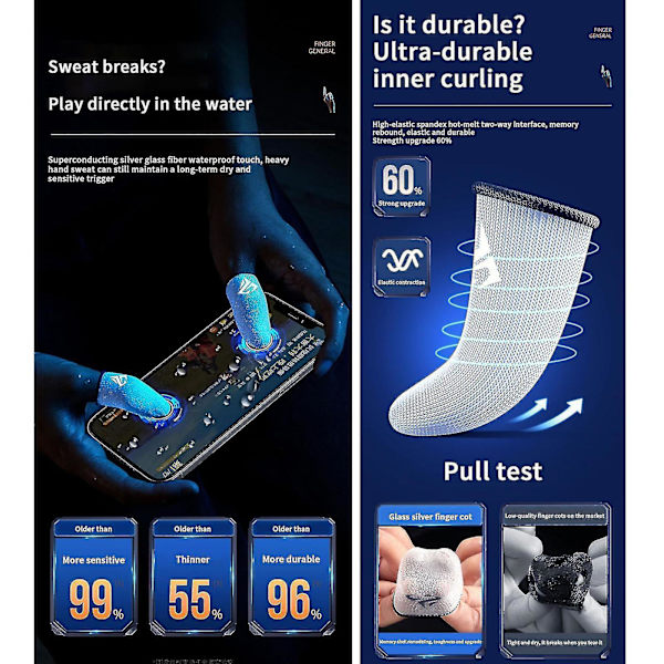Gaming Finger Sleeves For Mobile Gaming 0.25mm Glass Silver Fiber Seamless Thumb Fingertip Cover For Pubg/cod/lol/ros