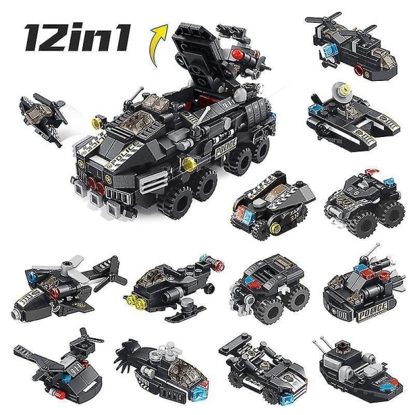 12 In 1 City Swat Armored Fighting Vehicle Air Defense Missile Car Boy Diy Puzzle Building Blocks