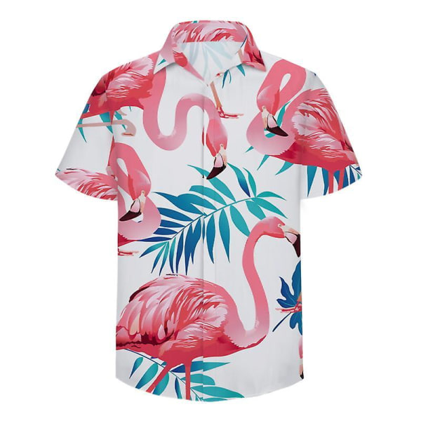 Allthemen Herre pink Flamingo Print Strandshorts Kortærmet Strandskjorte 2 stk. M