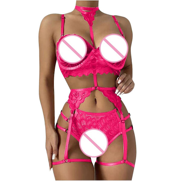 Naisten seksikäs yksivärinen Bralette-pikkuhousut Olkaimellinen pitsikirjailtu alusvaatesetti Hot Pink XL