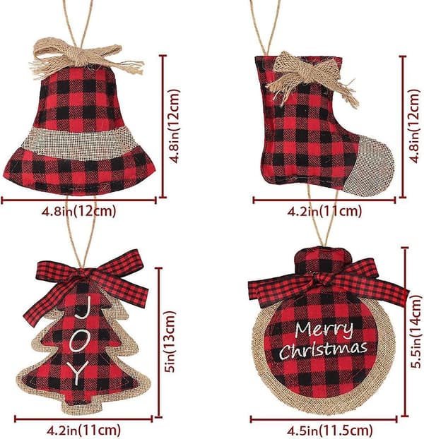 Christmas Decorations Tree Ornament, 8 Pcs Red Black Buffalo Check Plaid Stitching Bu