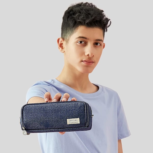 Large Pencil Case Big Capacity 3 Compartments Canvas Pencil Pouch For Students navy