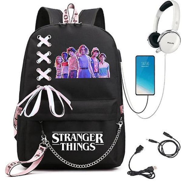 Stranger Things Hellfire Club Large-capacity School Bag Usb Charging Backpack Black 10