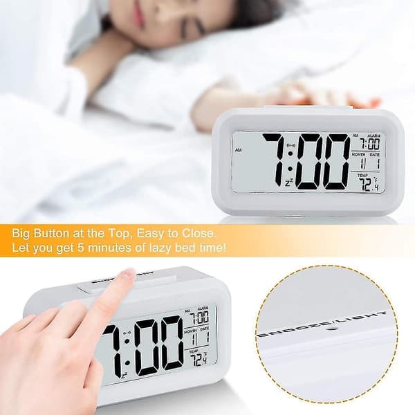 Smart Night Light Digital Alarm Clock With Indoor Temperature, Battery Operated Desk Small Clock White