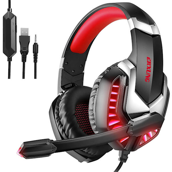 Gaming Headset, Ps5 Pc Gaming Headset med Støjreducerende Mikrofon, 3D Stereo Surround Sound LED Lys, Xbox One Headset til Switch Laptop Tablet, Blå Red