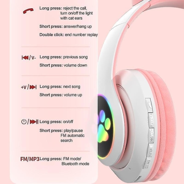 Wireless Bluetooth Headphones Cat Ear Headset With Led Light B