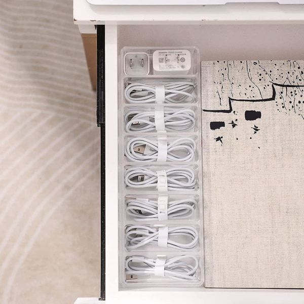 Wekity Plastic Cable Management Box With 10 Cable Ties, Clear Power Cord Storage Box With 8 Compartments, Office Electronics Storage Box With Cover