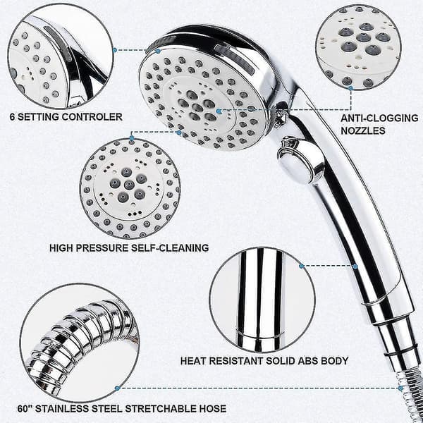 Handheld Shower Head With Hose -5 Spray Settings Removable High Pressure Shower Head With On / Off Switch -chrome