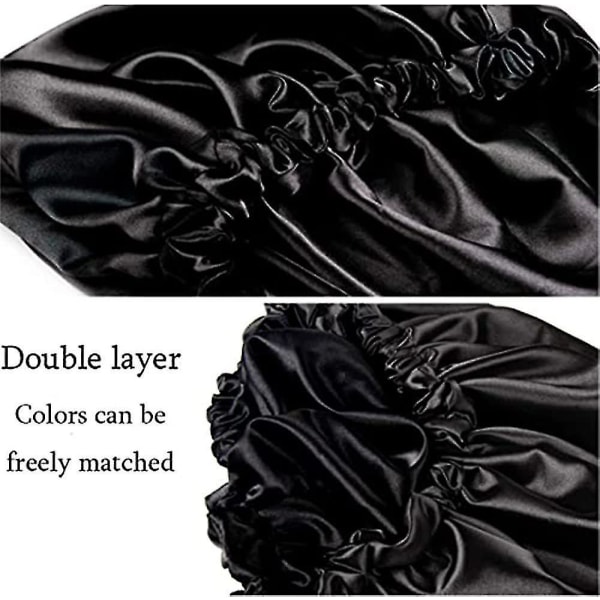 2 Pcs Satin Sleep Cap For Women Long Hair Silky Bonnet For Curly Hair Waterproof Satin Hair Cap For Sleeping Extra Black