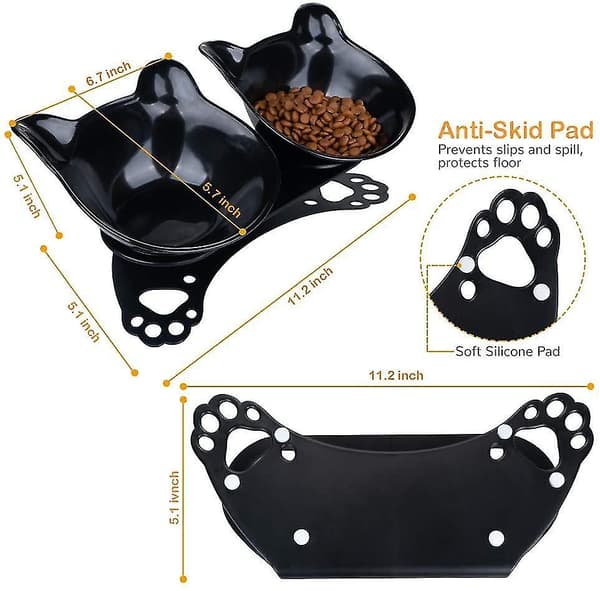 Double Cat Food Bowls With Raised Stand, 15tilted Platform