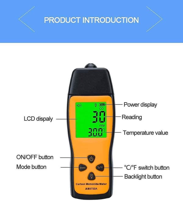 Handheld Carbon Monoxide Meter, Portable Co Gas Detector, Gas Tester With 01000ppm Range, 1ppm Resolution