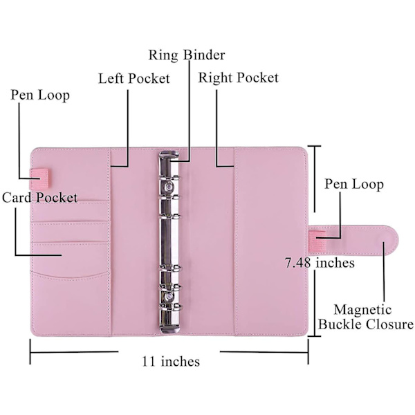 12 stk. A6 Binder Lommer Løse Ark Poser 6 Ring Binder Kontant Budget Kuverter System, A6 Pu Læder Binder Sæt Pink