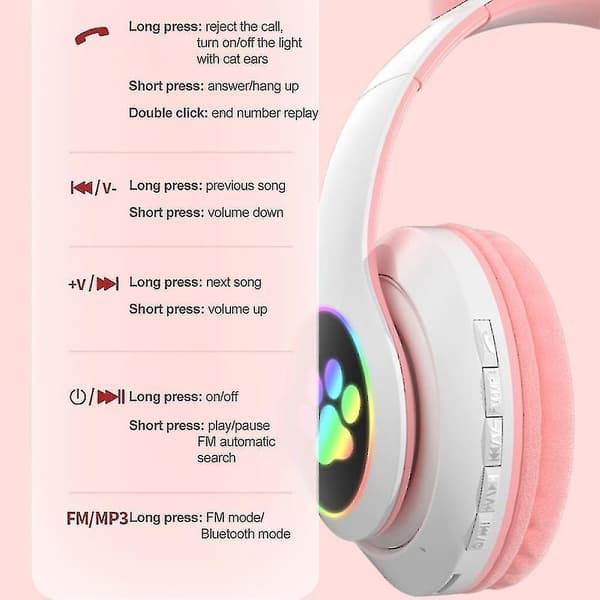 Trådløse Bluetooth-hovedtelefoner med katteører og LED-lys Pink
