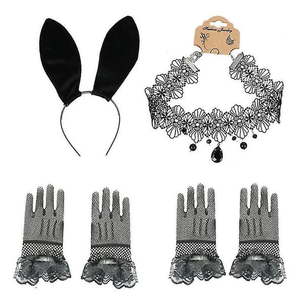 Bunny Headband Lace Gloves Women Masquerade Rabbit Headpiece Bl